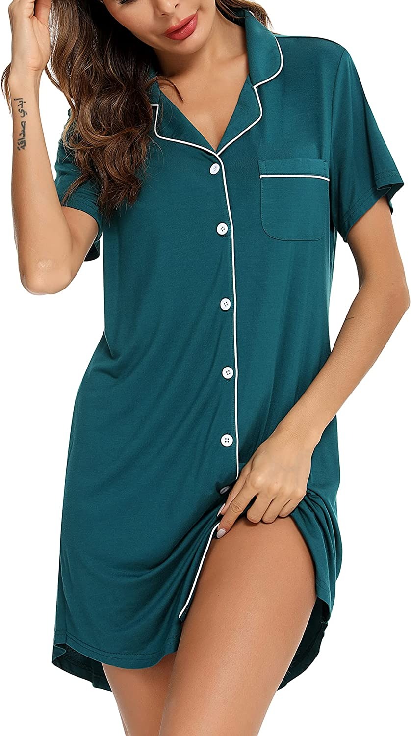 S-XXL Women Soft Satin 3/4 Sleeve Nightshirt Sleepshirt Button Down  Sleepwear